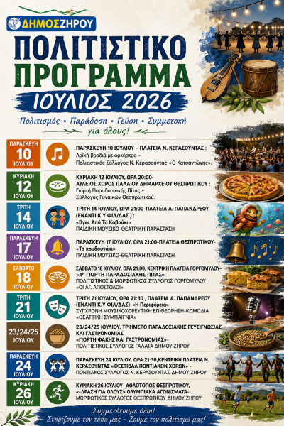 Δήμος Ζηρού: Το πρόγραμμα των πολιτιστικών εκδηλώσεων για τον Ιούλιο